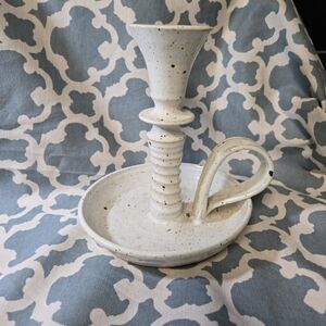 Bill Tyner Signed Studio Art Pottery Chamber Candlestick Holder, White Speckle